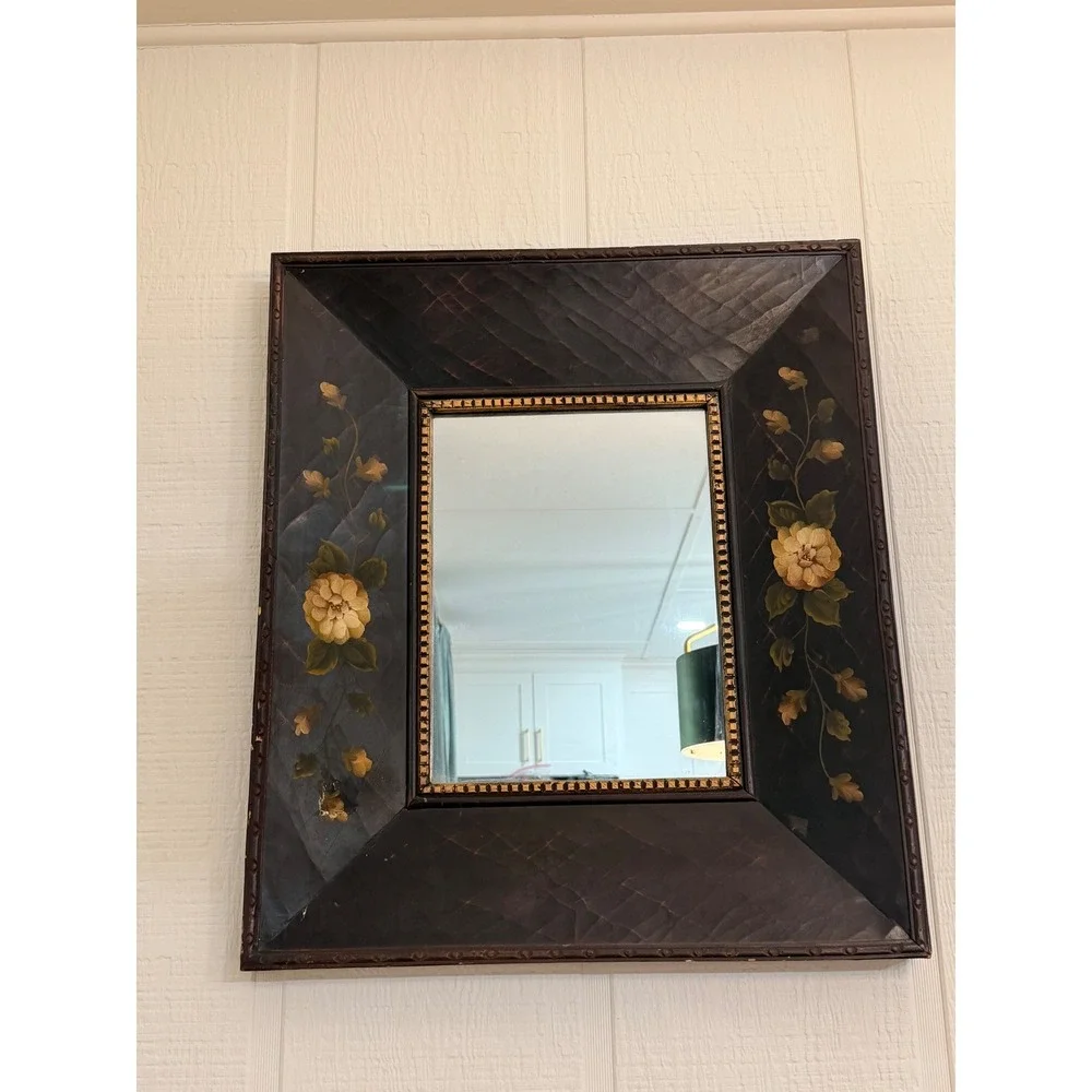 Floral Wall Mirror Misc OS Dark Brown Good Hand Painted Folk Art Decor